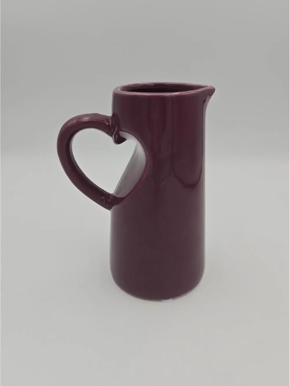 Burgundy Maroon Ceramic Pitcher Jug Heart Handle Vase 6.5